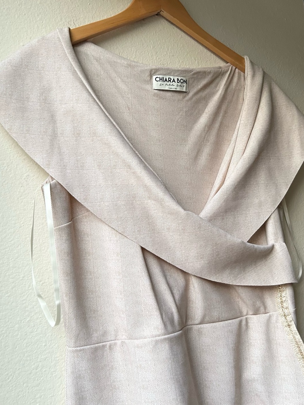 Chiara Boni La Petite Robe Draped Faux Wrap Dress Pullover Cream Chevron Sz XL - Picture 4 of 14